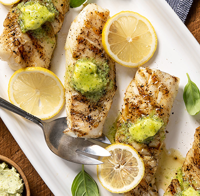 Grilled Halibut with Lemon Basil Butter